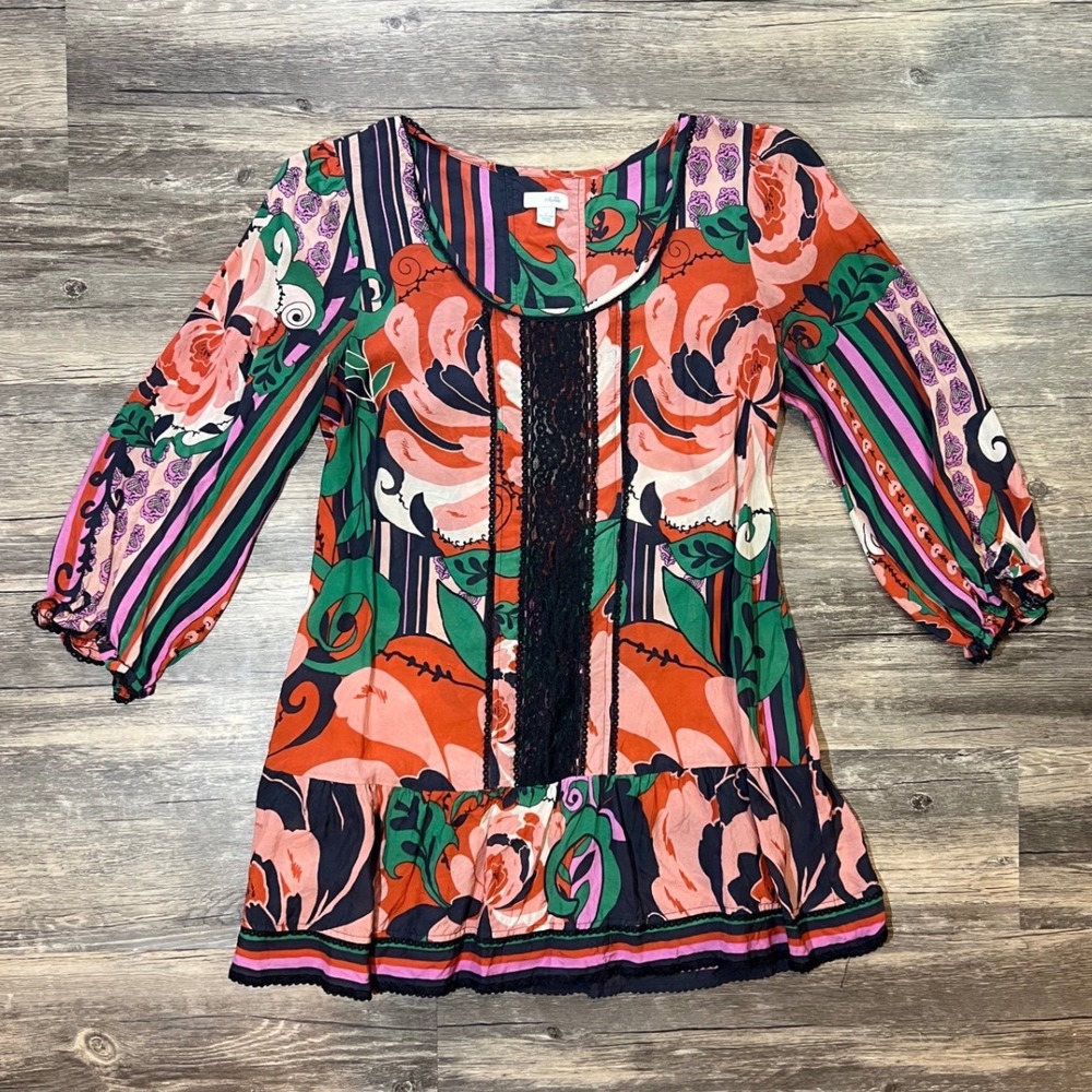 Anthropologie Odille 100% Silk Floral Boho Tunic‎ Blouse Lace Panel Size 2